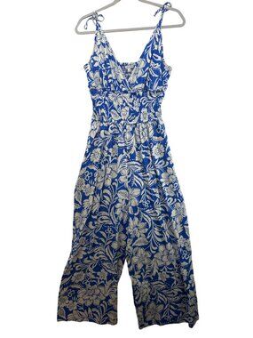 Patrons of Peace Womens Jumpsuit Sz M Blue Floral Beachy Boho Resort CruiseWear